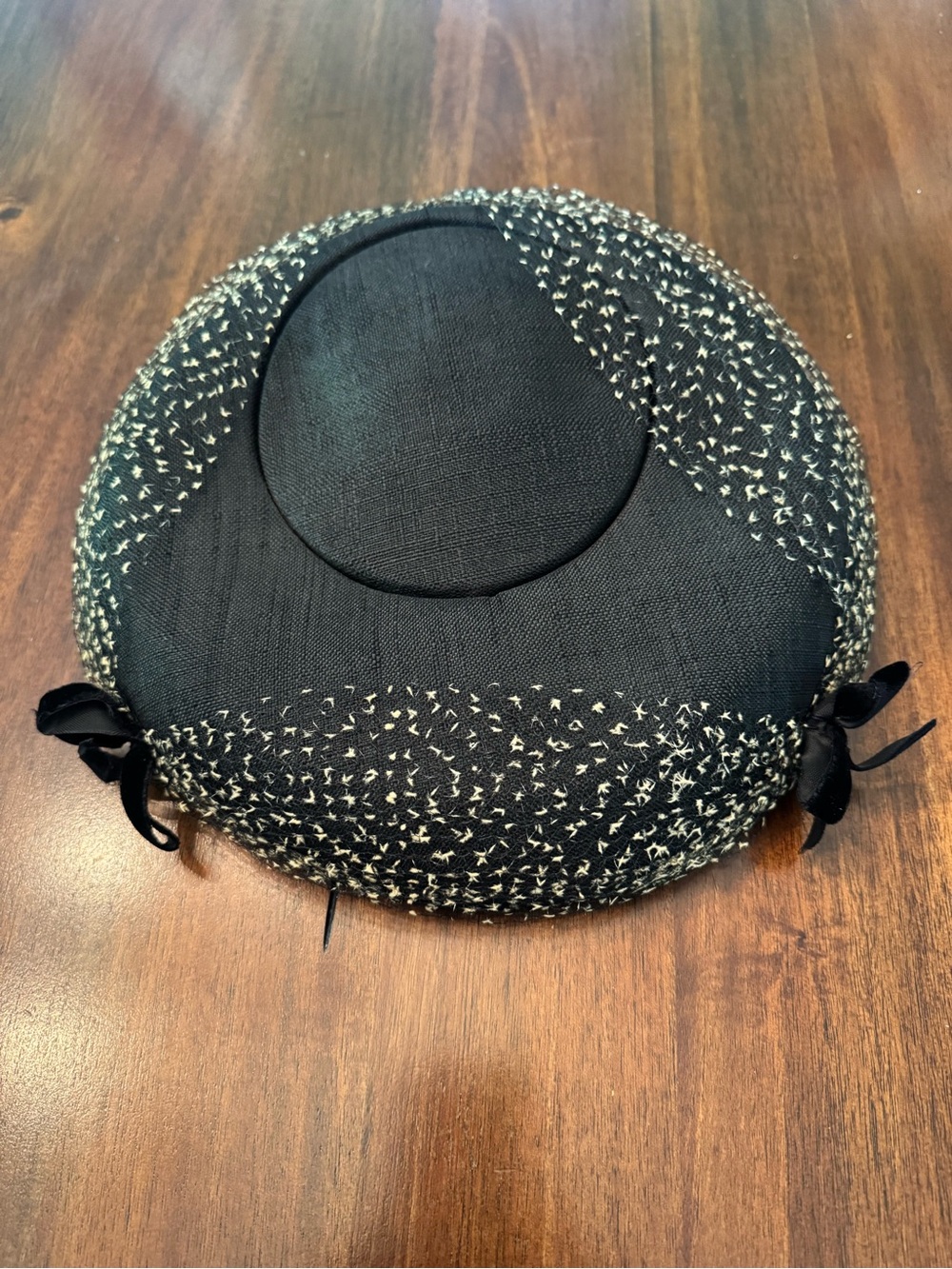 Vintage 1950s Black Linen Tweed Saucer Plateau Hat with Hatbox